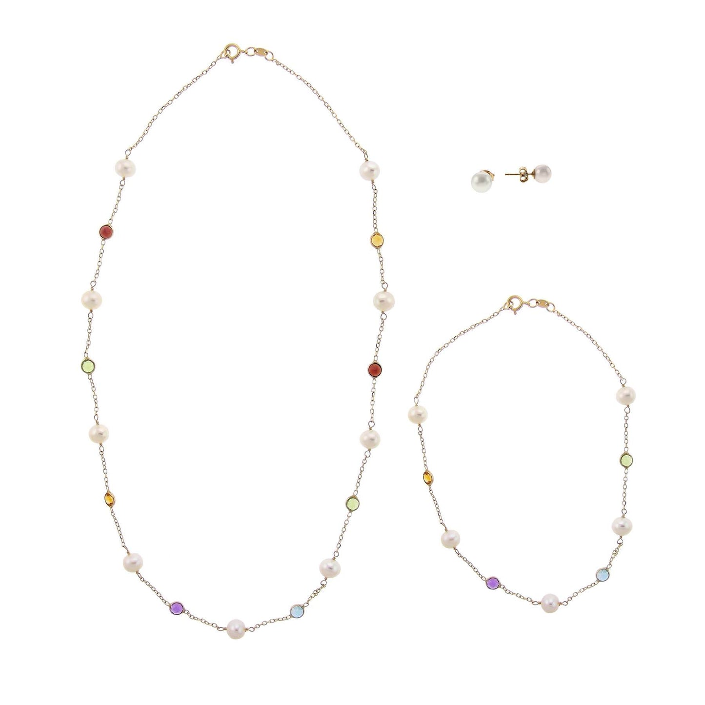 14k White Freshwater Pearl Multi Gemstone Station Set
