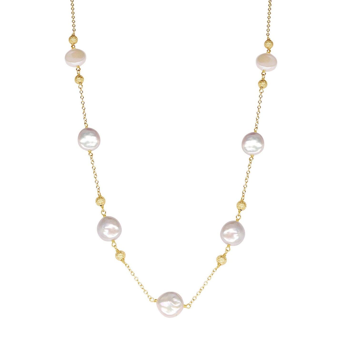 14k White Pearl Gold Ball Station Necklace 18" freeshipping - Jewelmak Shop