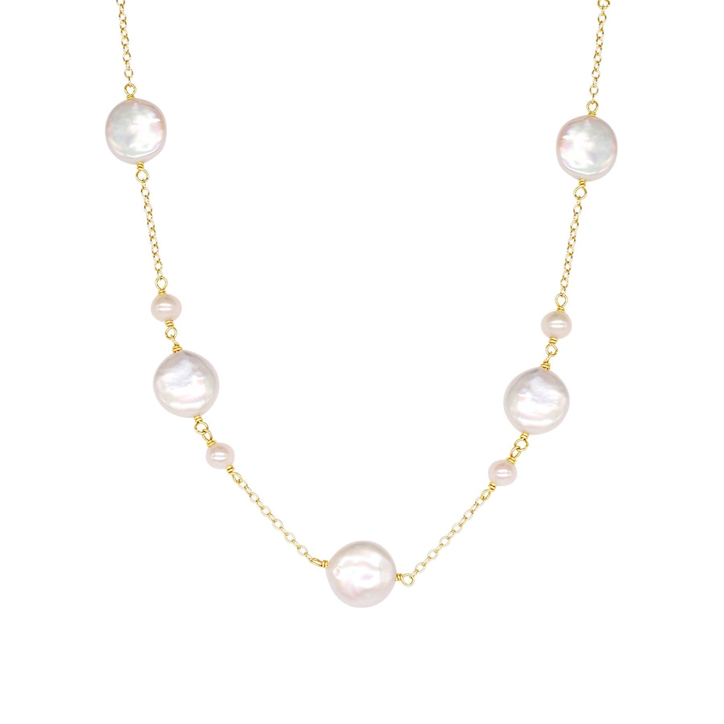 14k White Pearl Station Necklace 18" freeshipping - Jewelmak Shop