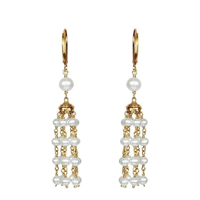 14k White Pearls Chandelier Hoop Earring freeshipping - Jewelmak Shop
