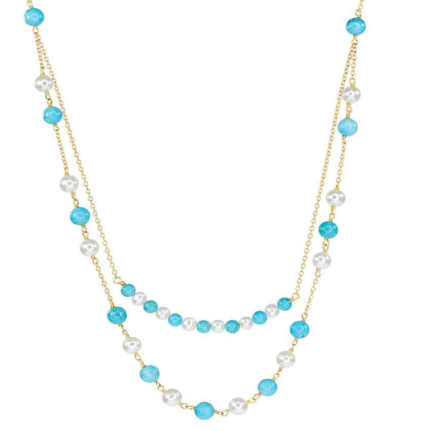 14k White Pearl Turquoise 2 Row Necklace 18/20" freeshipping - Jewelmak Shop