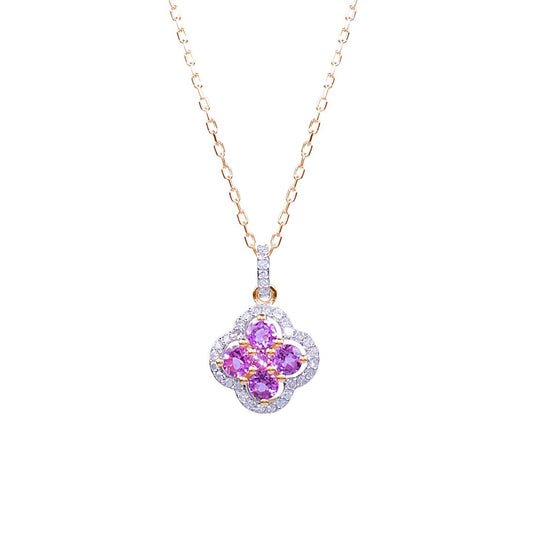 14k Pink Tourmaline Diamond Flower Pendant Necklace 17"