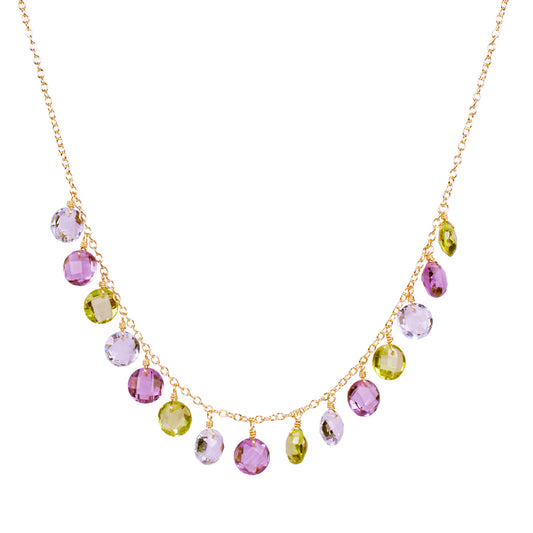 14k Peridot, Amethyst, and Sky Blue Topaz Coin Drop Necklace 17"