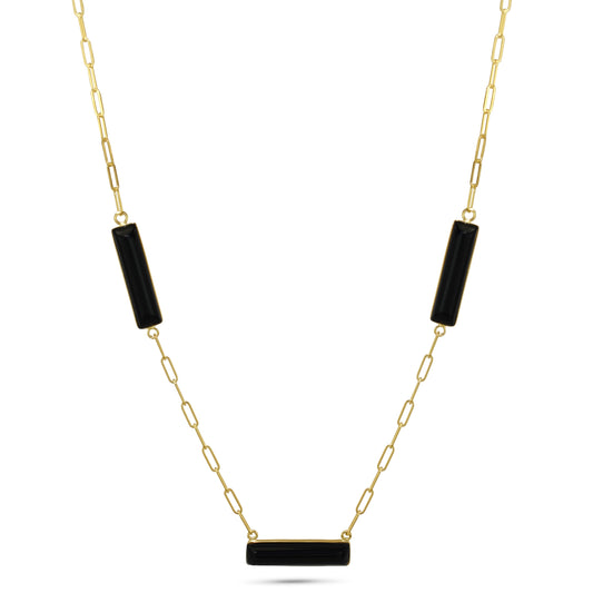 14k Yellow Gold Blk Onyx 3 Station Paperclip Chian Necklace 18"