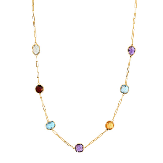 14k Multi Gemstone Bezel Station Paperclip Necklace 18"