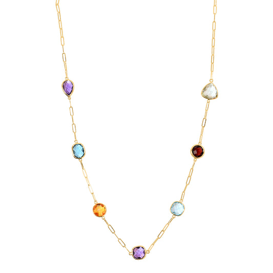 14k Multi Gemstone Bezel Station Paperclip Necklace 18"