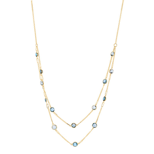 14k Blue Topaz 2 Row Fancy Station Necklace 18"/19.25