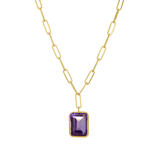 14k Amethyst Rectangle Bezel Paperclip Necklace 17"/18"