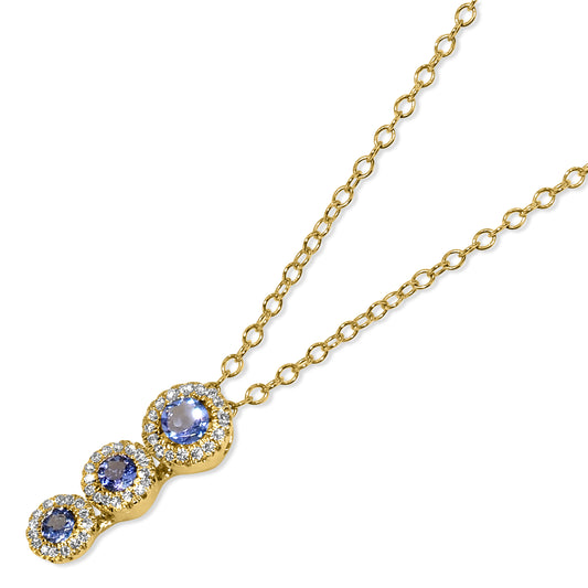 14k Yellow Gold Tanzanite VS Diamond Triple Round Pendant Necklace 17"