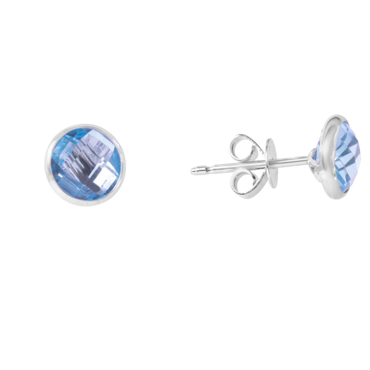 14k White Gold Blue Topaz Round Bezel Stud Earring