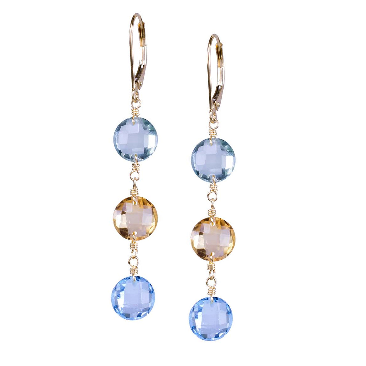 14k Blue Topaz Citrine Coin Leverback Earrings