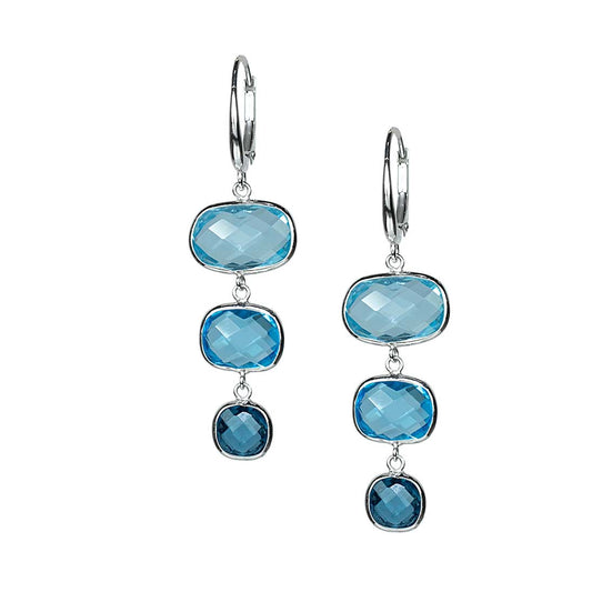 14k White Gold Multi Blue Topaz Bezel Leverback Dangle Earrings