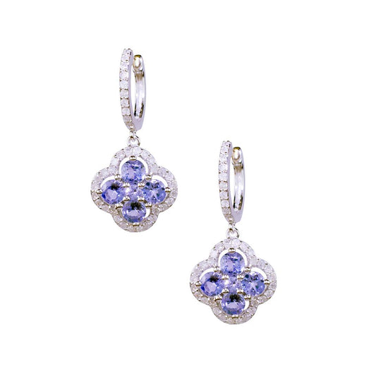 14k White Gold Tanzanite Diamond Flower Hoop Earring