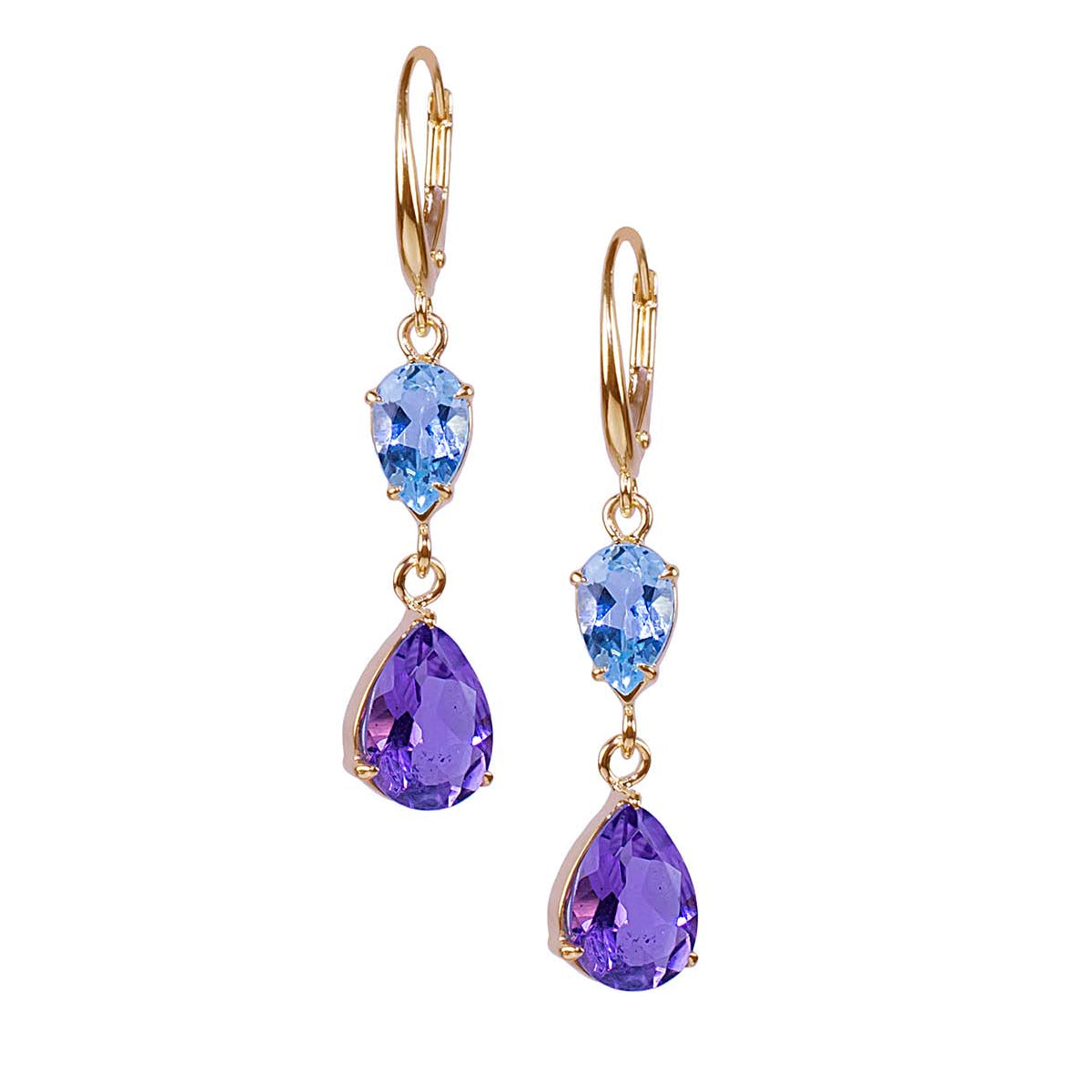 18k Blue Topaz Amethyst Pear Bezel Leverback Earrings