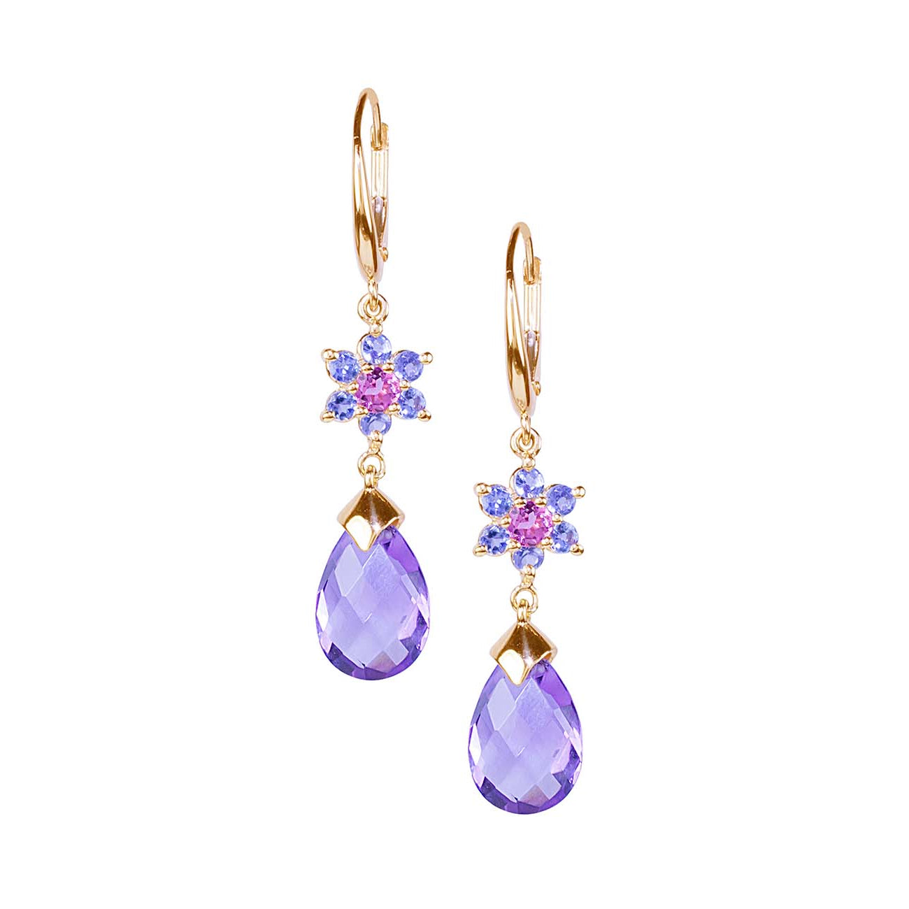 14k Tanzanite Pink Tourmaline Amethyst Leverback Earring