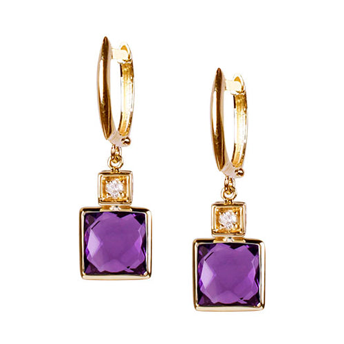 14k Amethyst Square Bezel Vs Diamond Huggie Hoop Earring