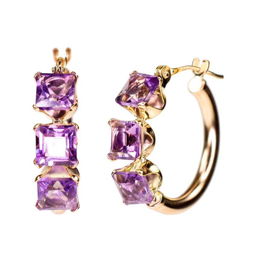 14k Amethyst 3 Square Hoop Earring