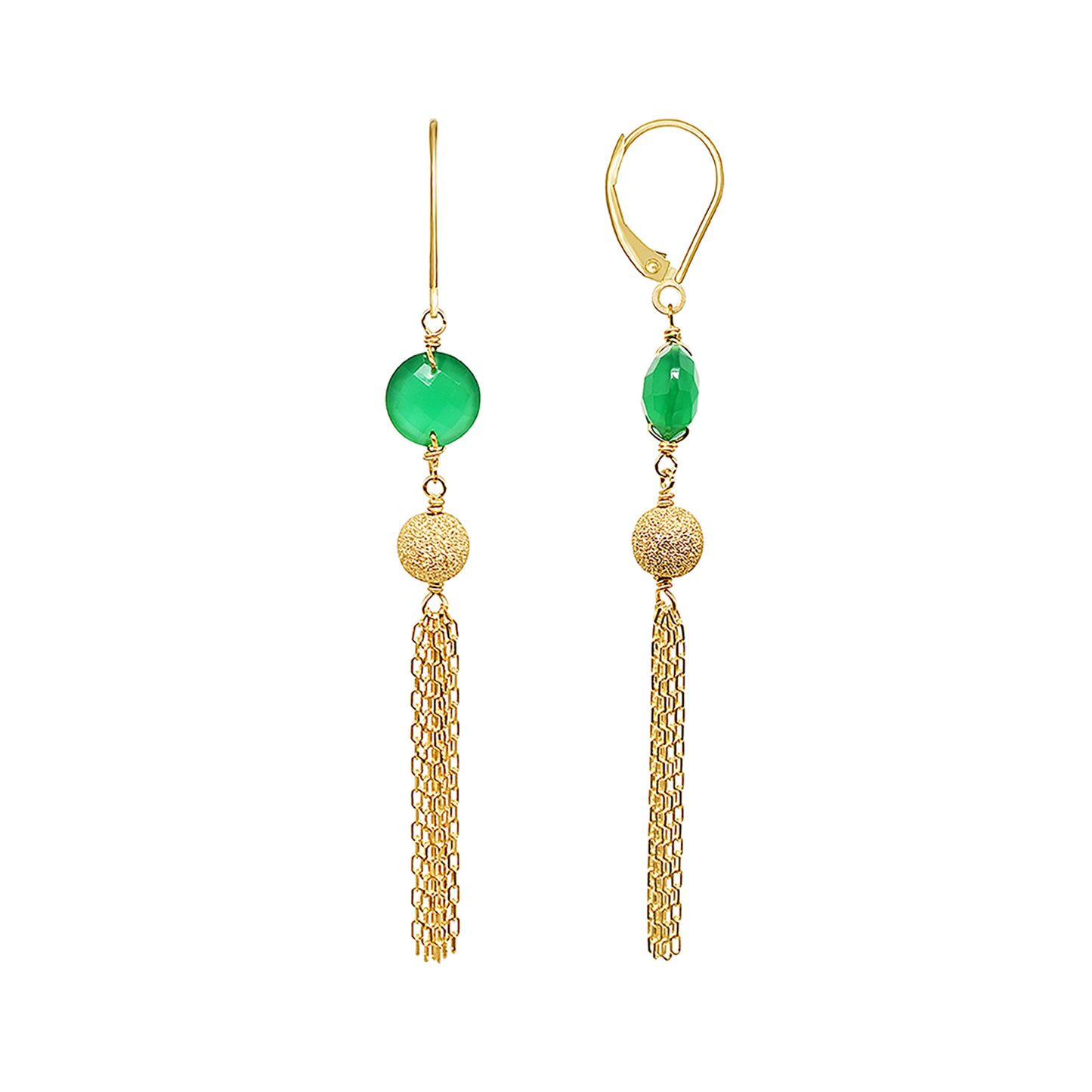 14k Green Onyx Gold Tassel Leverback Earring