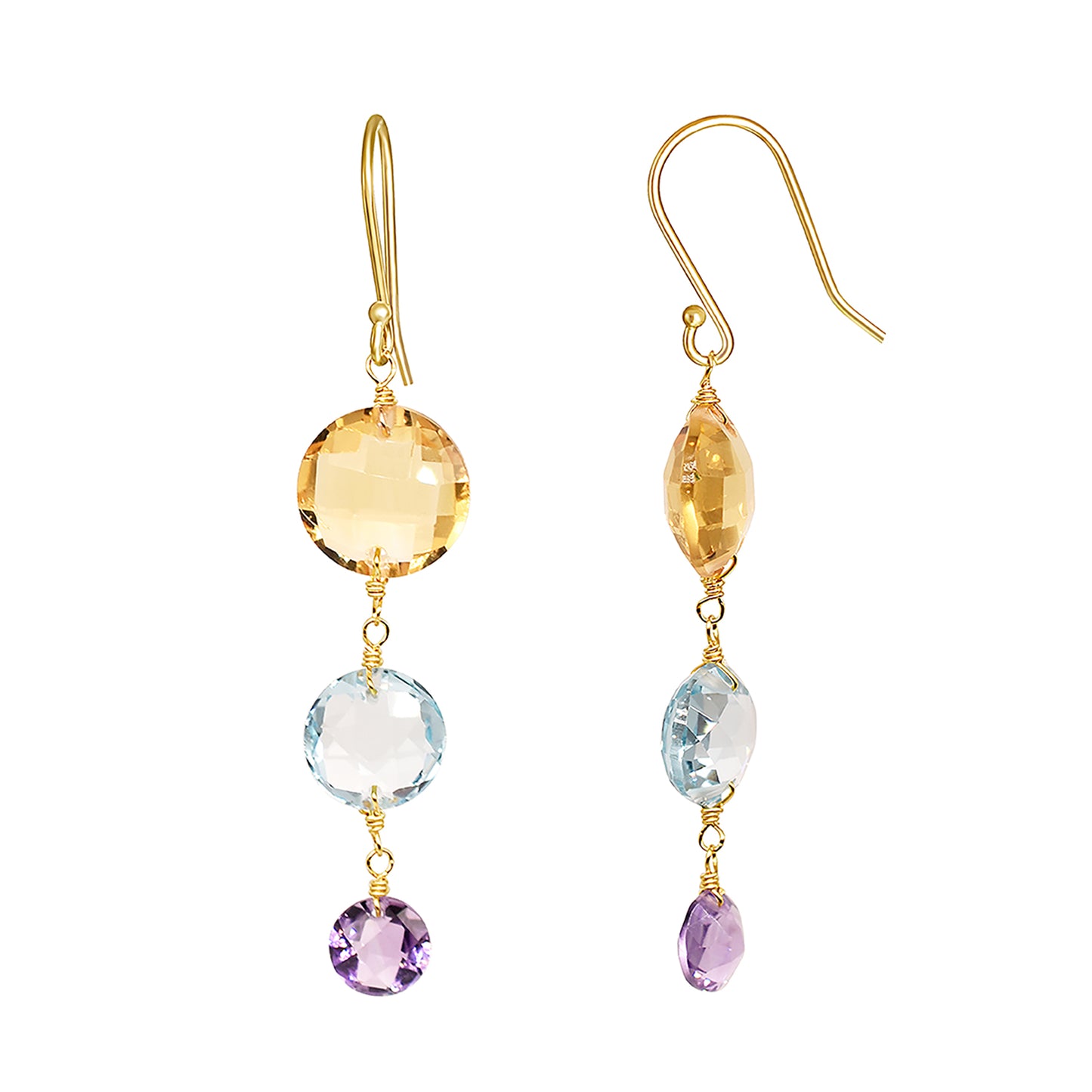 14k Citrine Blue Topaz Amethyst Triple Coin Hook Earring