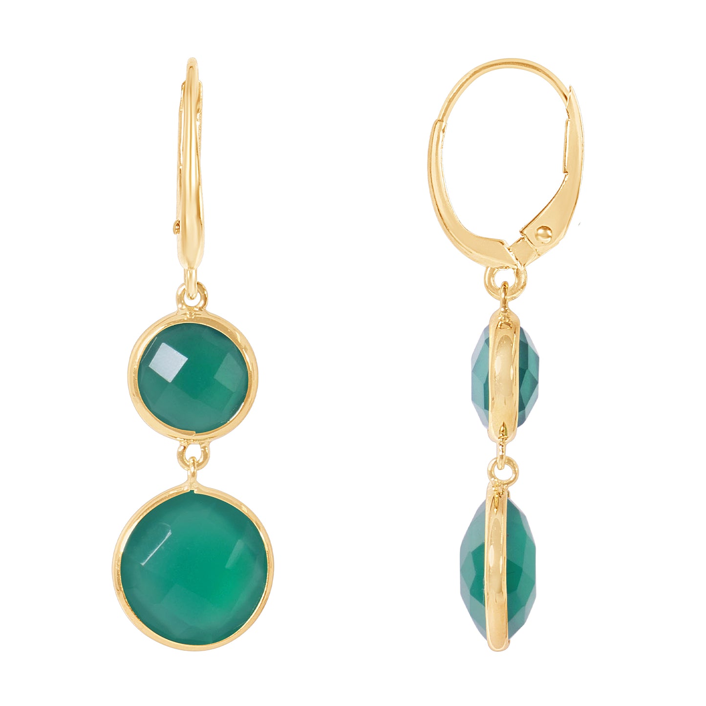 14k Green Onyx Double Round Bezel Round Leverback Earring