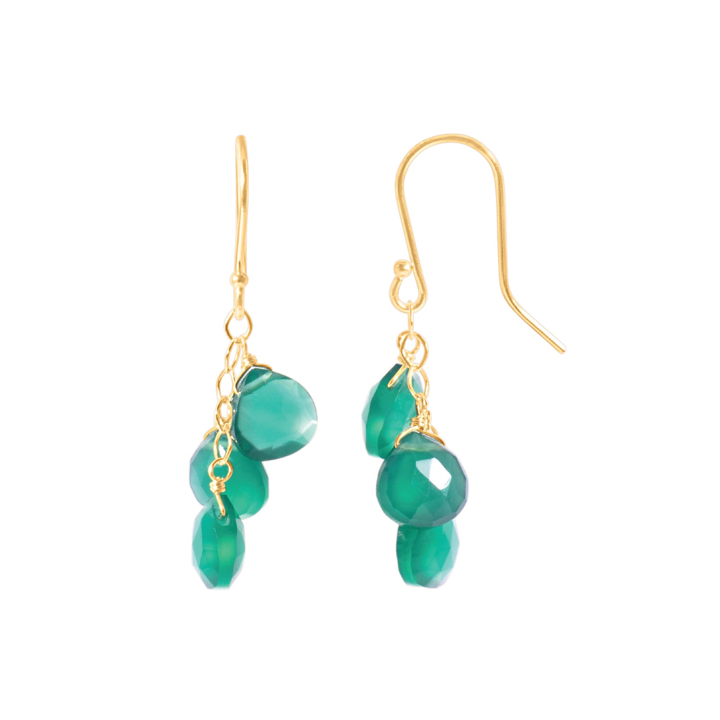 14KY Green Onyx Triple Drop Hook Earring