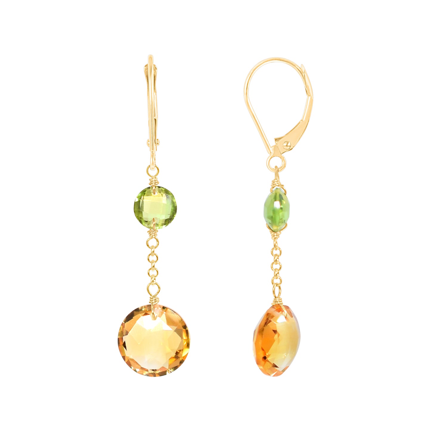 14k Two Gemstone Coin Dangle Leverback Earring