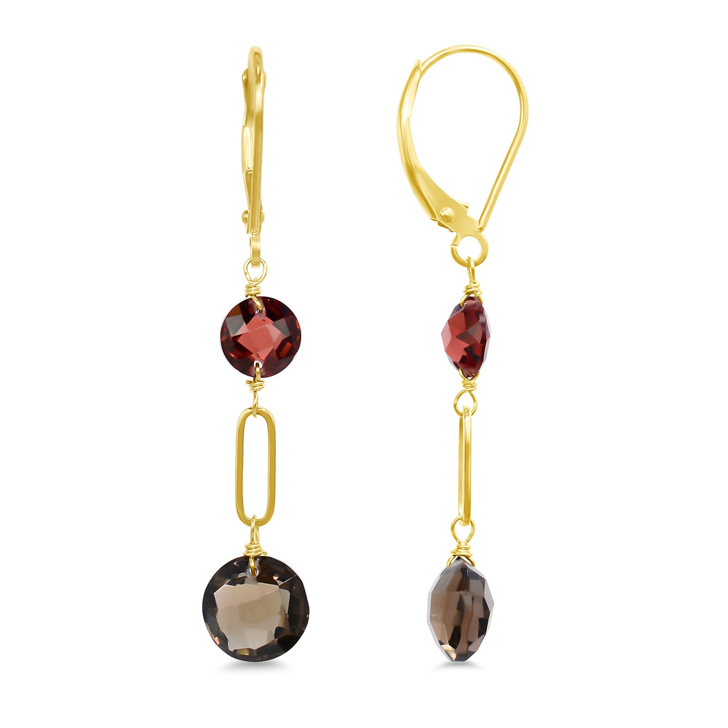 14k Garnet Smoky Quartz Coin Leverback Earring