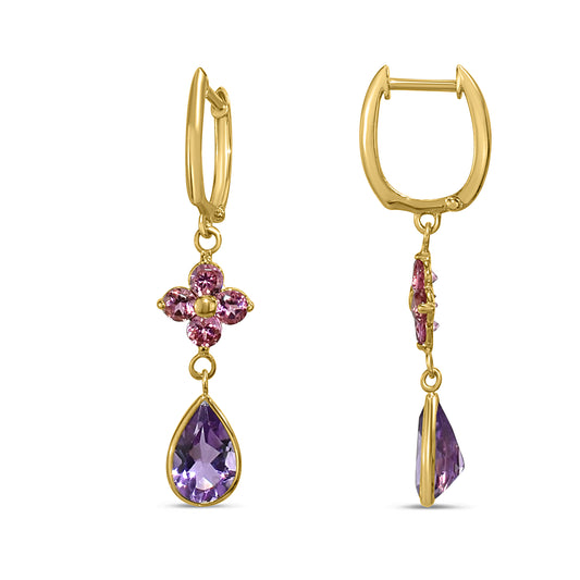 14k Yellow Gold Pink Sapphire and Amethyst Hoop Earring