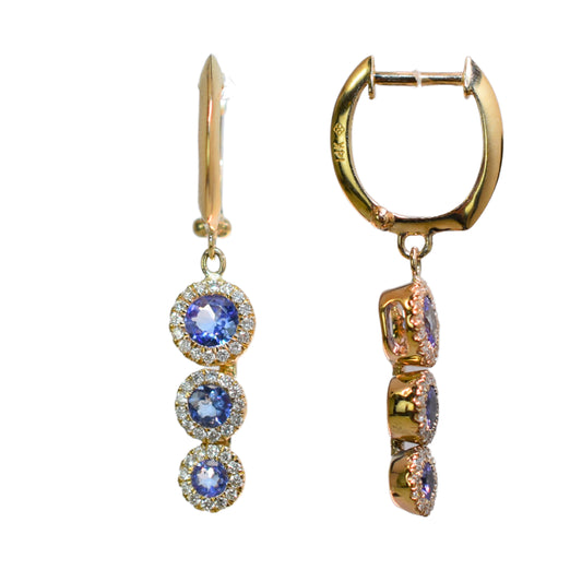 14k Yellow Gold Tanzanite VS Diamond Triple Round Hoop Earring