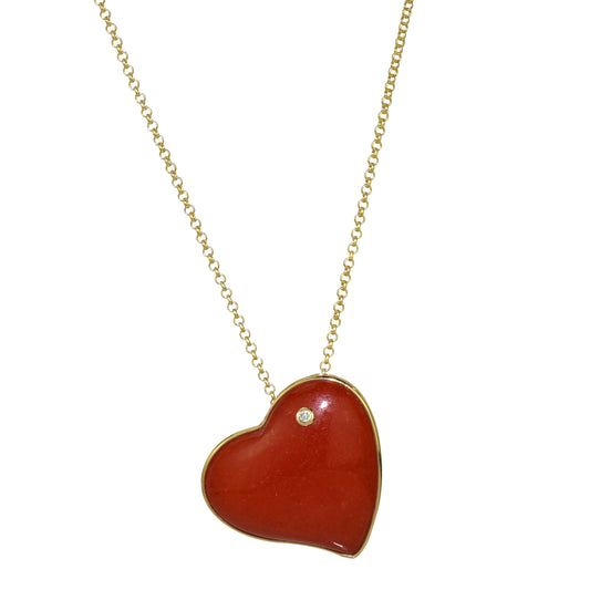 14k Red Jade & Diamond Heart Pendant Necklace 17"