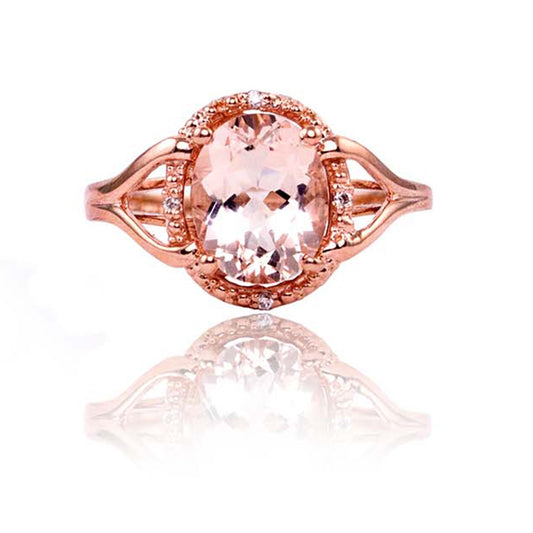 14k Rose Gold Morganite Diamond Oval Ring - Size 7