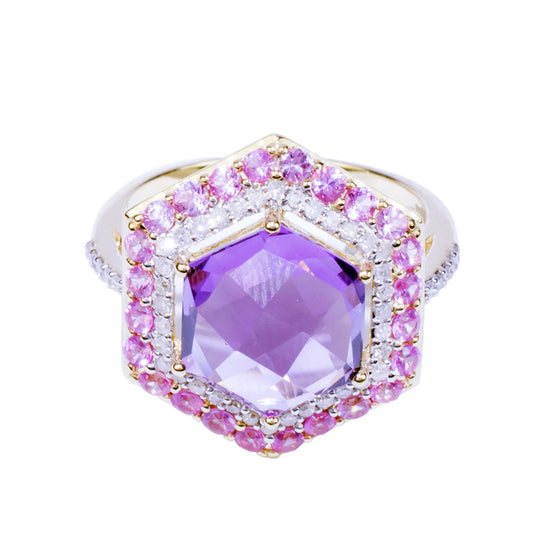 14k Pink Sapphire Amethyst Hexagon Diamond Ring