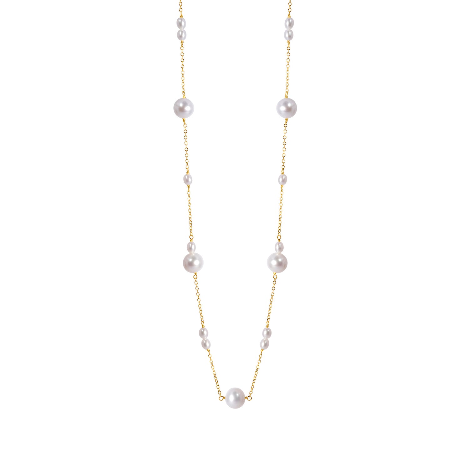 14k Yellow Gold White Pearl Station Necklace 18"