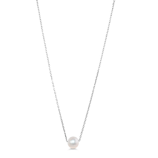 14k White Gold White Freshwater Pearl Ball Slider Pendant Necklace 17"