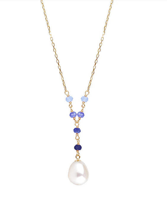 14k White Pearl Shaded Sapphire Necklace w/ 14k Gold Wire 17"