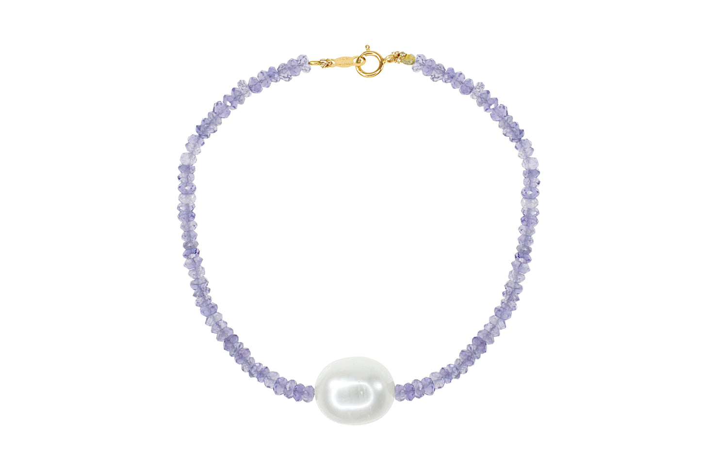 14k Iolite White Freshwater Pearl Bracelet 7.5"