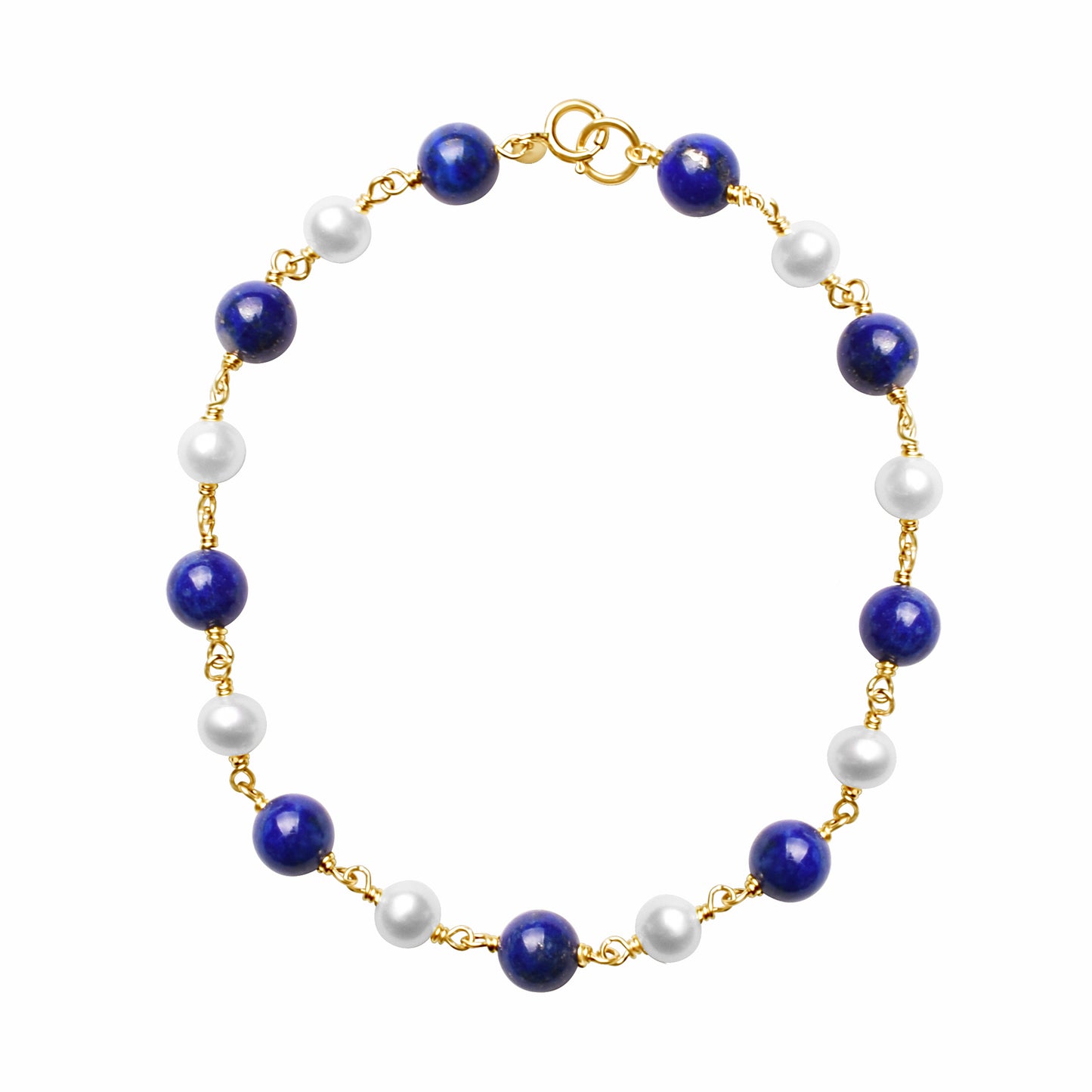 14k White Freshwater Pearl Lapis Link Bracelet 6-8"