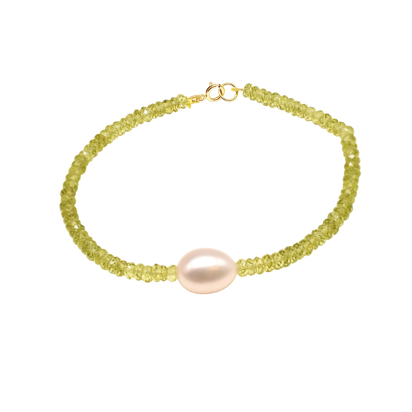 14k Peridot White Freshwater Pearl Bracelet 7.5"