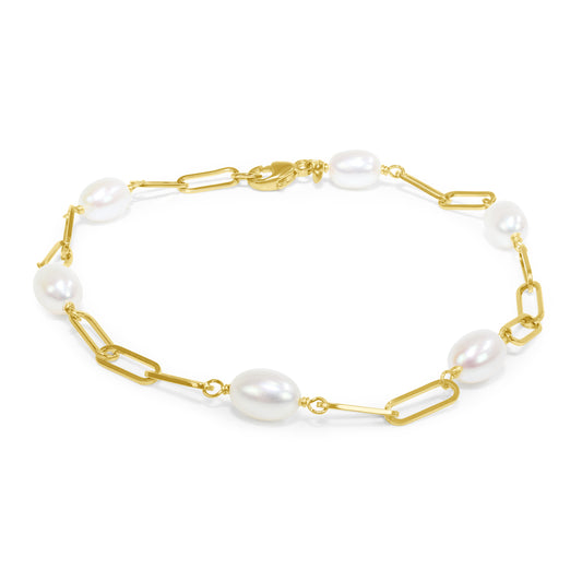 14k White Freshwater Pearl Paperclip Station Bracelet 7.5"