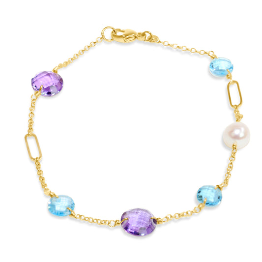 14k White Freshwater Pearl Swiss Blue Topaz Amethyst Coin Fancy Station Bracelet 7.5"