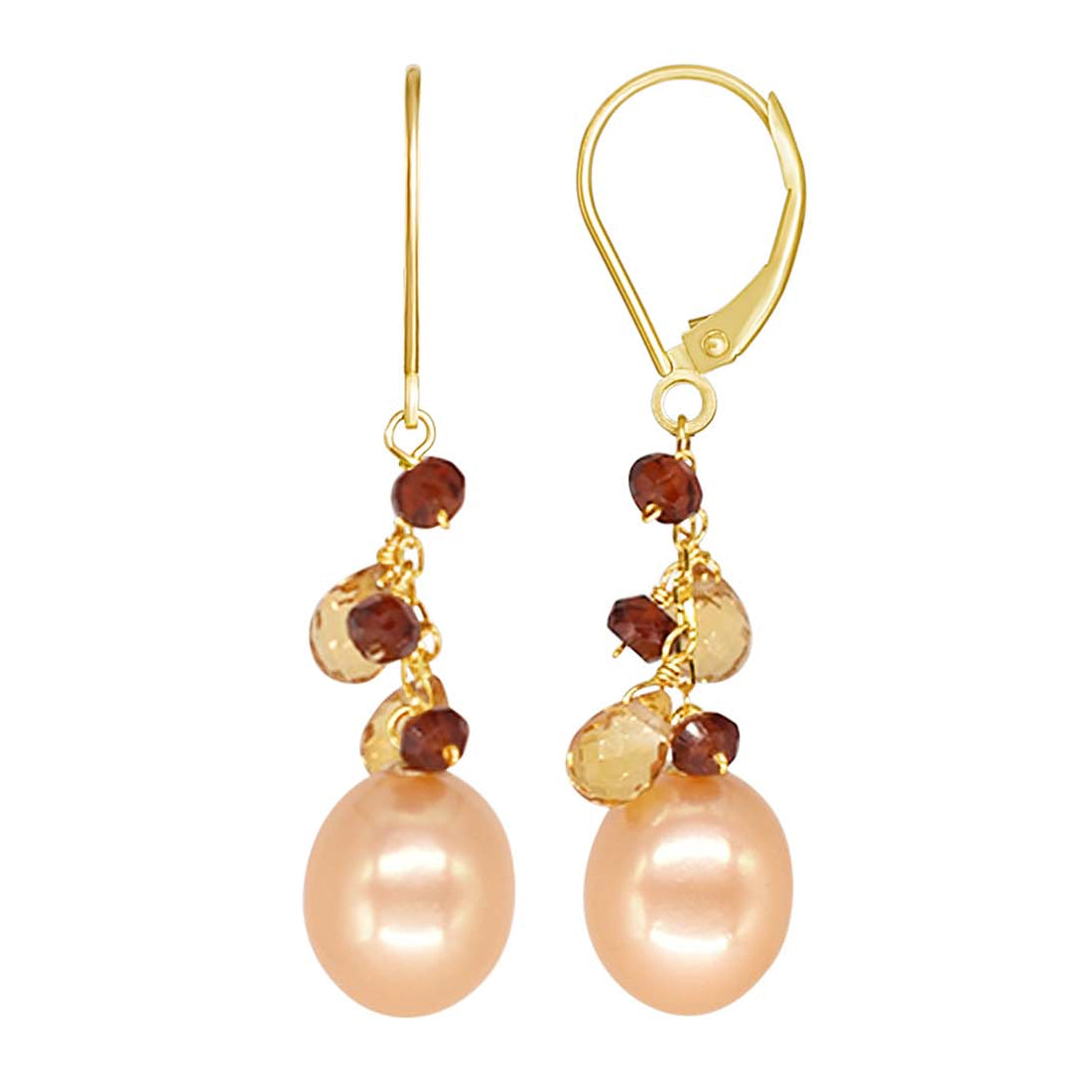 14k Champagne Freshwater Pearl Garnet Citrine Leverback Earrings