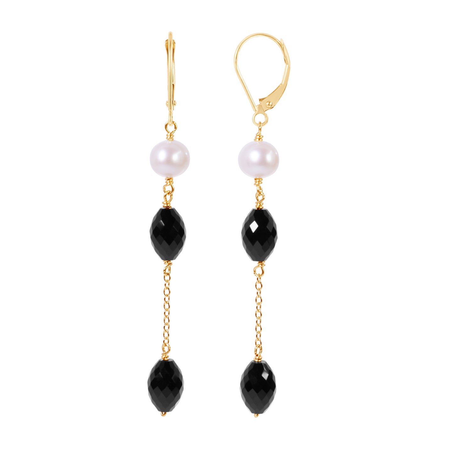 14k White Freshwater Pearl Black Onyx Dangle Leverback Earring