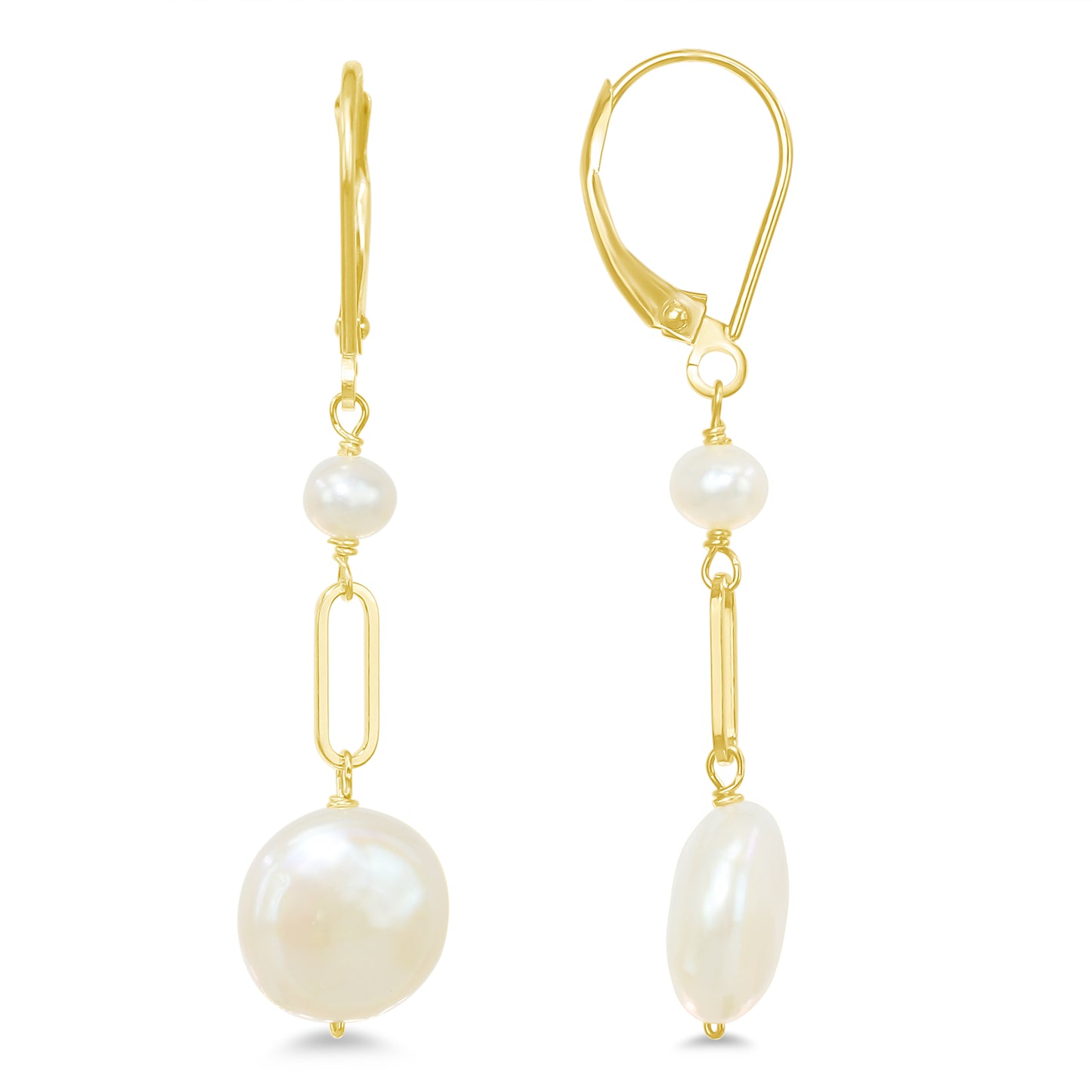 14k White Freshwater and Coin Pearl Paperclip Leverback Earring