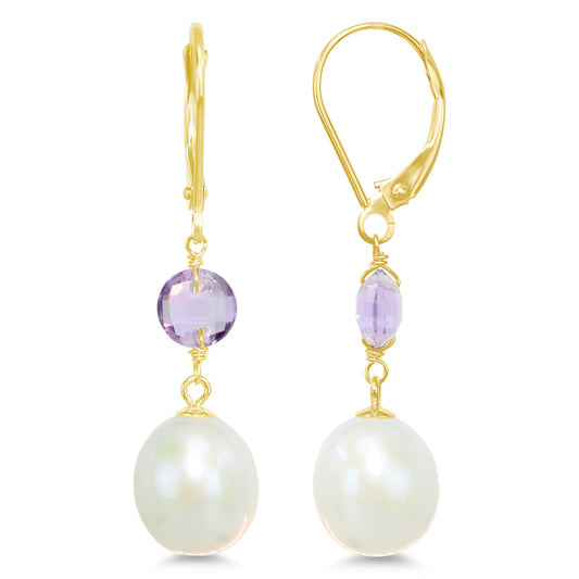 14k Gemstone & White Freshwater Pearl Leverback Earring