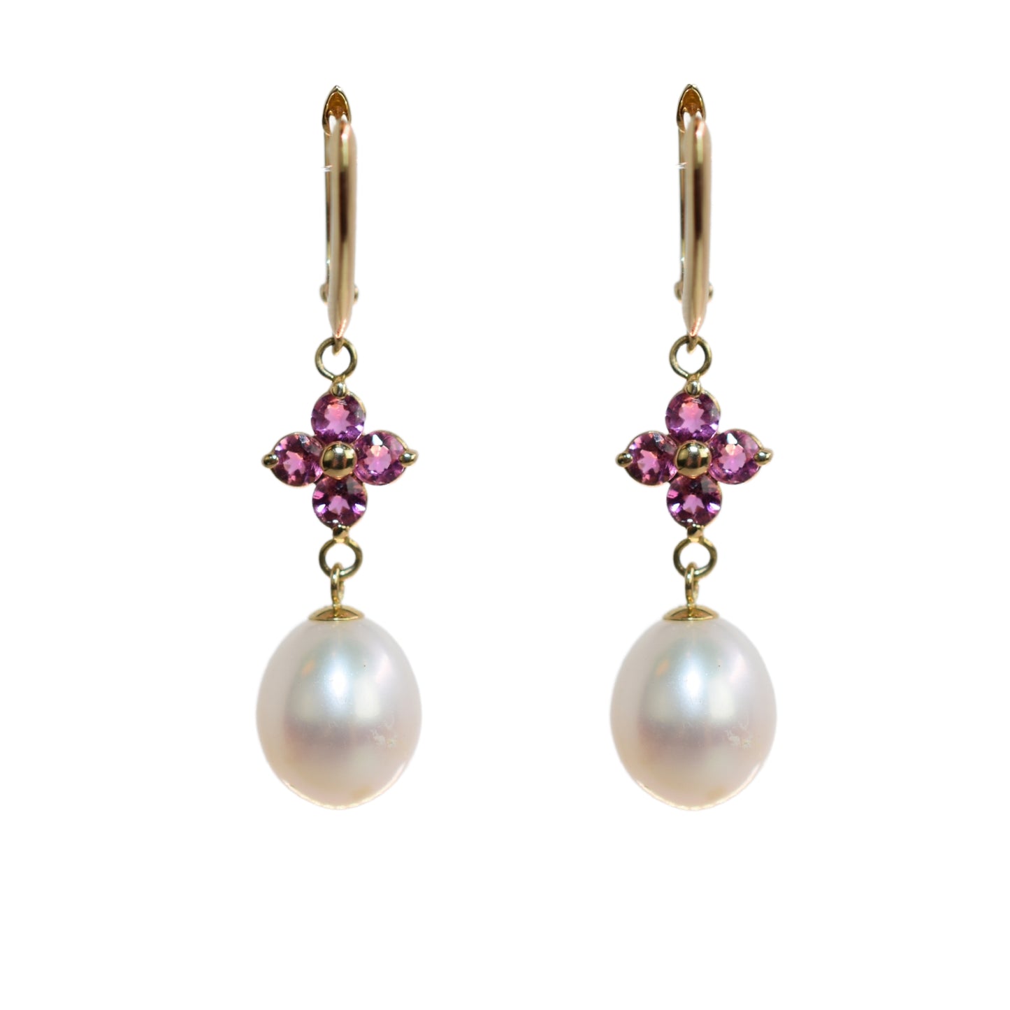 14k Pink Tourmaline Flower White Freshwater Pearl Earring