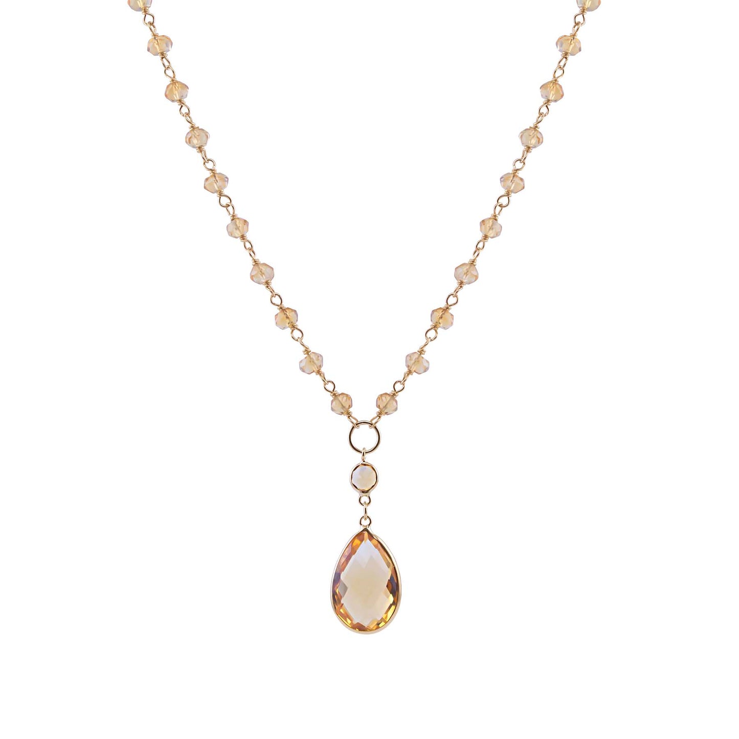 14k Citrine Beaded Bezel Pear Drop Necklace