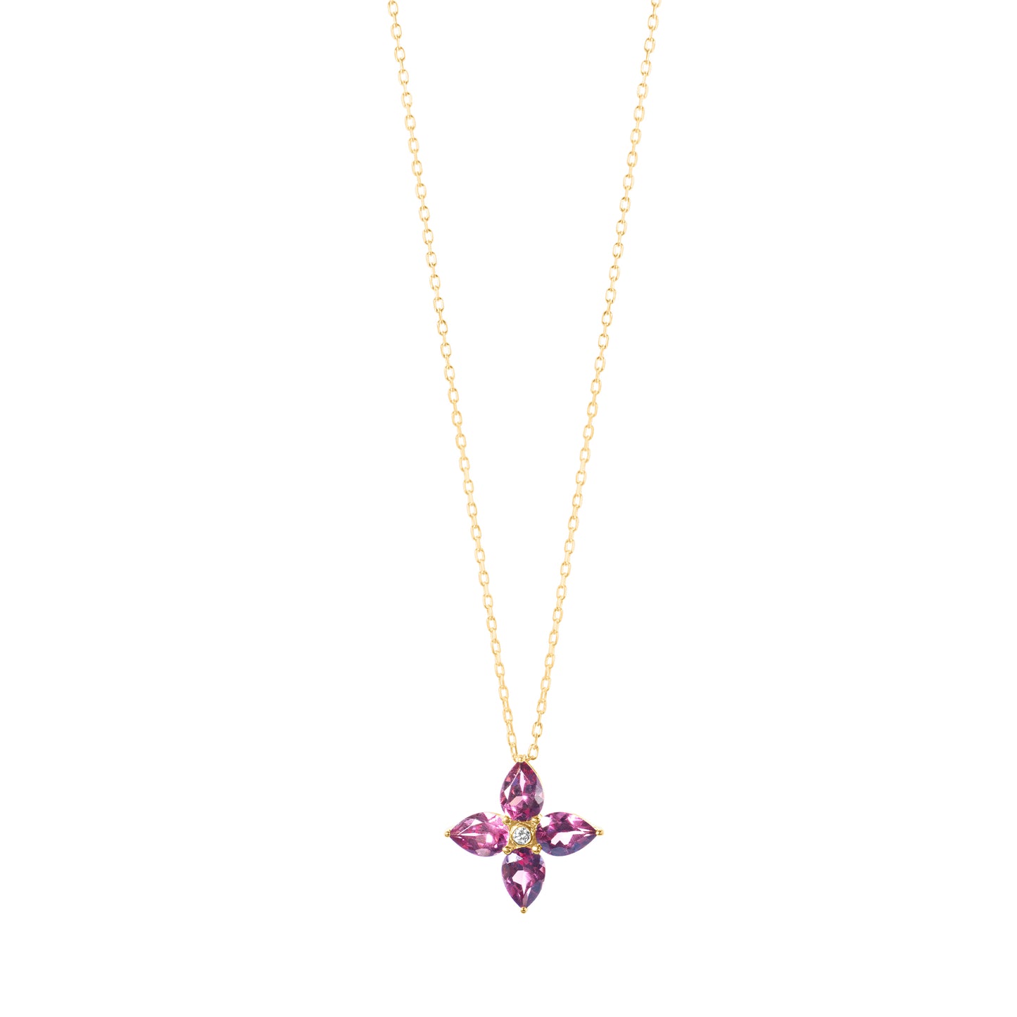 14k Rhodolite Garnet Diamond Flower Pendant Necklace 17"