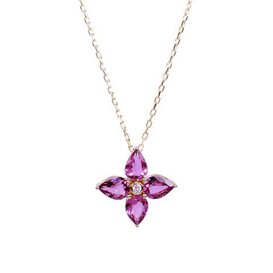 14k Pink Tourmaline Diamond Flower Pendant Necklace 17"