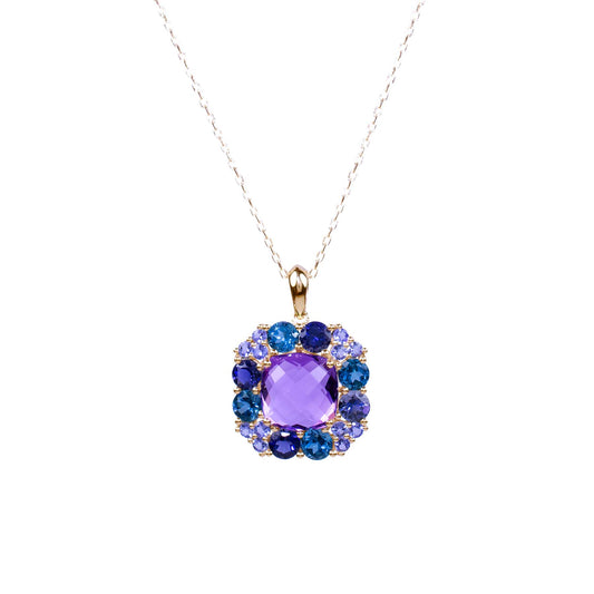 14k London Blue Topaz, Tanzanite, Blue Sapphire, Amethyst Pendant Necklace 17"