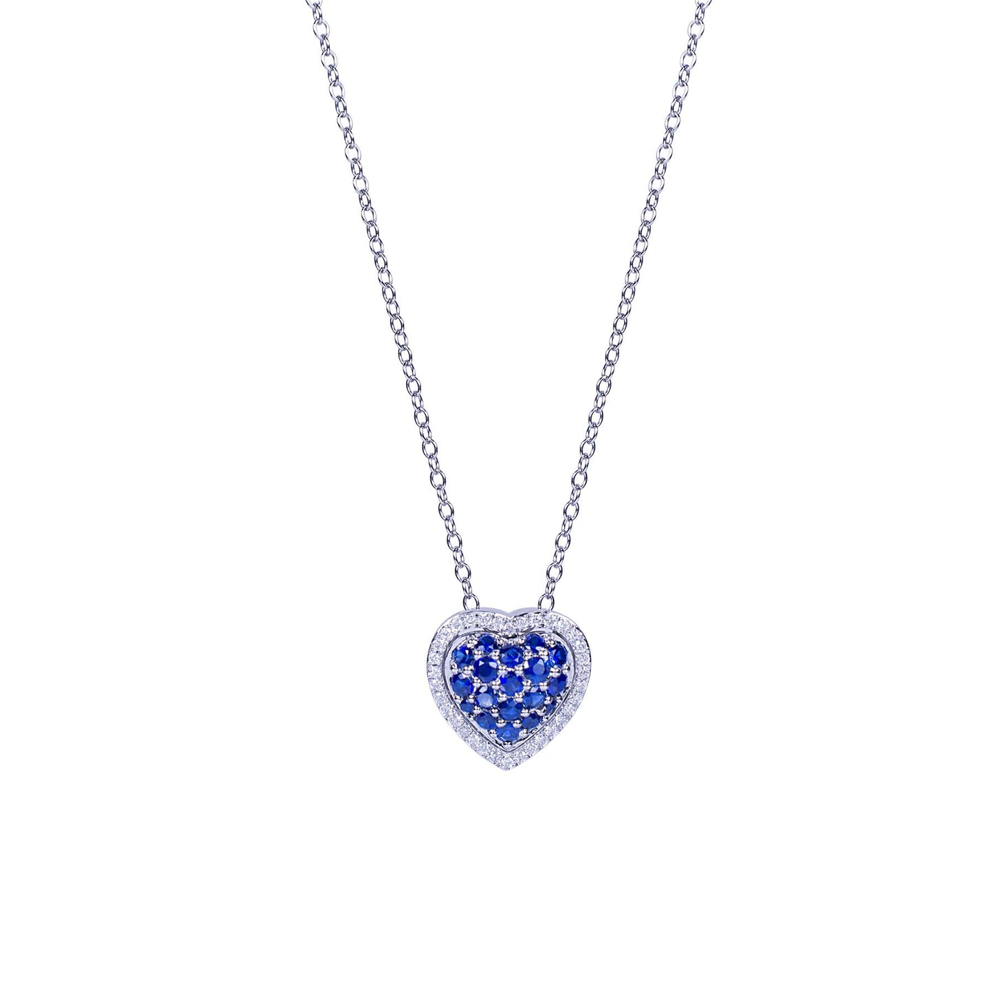 14k White Gold Sapphire Diamonds Heart Pendant Necklace 17"